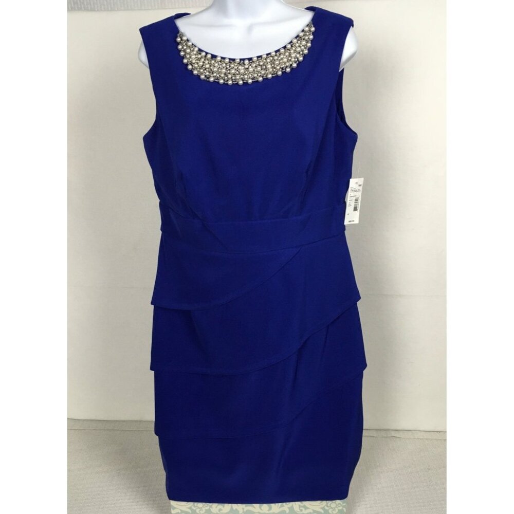 Connected Apparel Women Dress Size 12 Royal Blue Sleeveless Beaded Neckline New